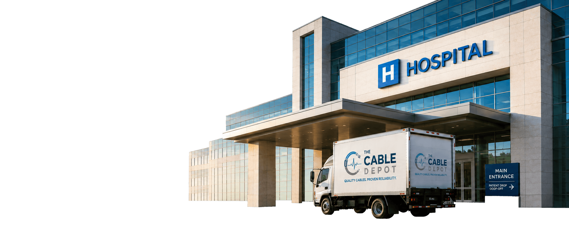 The Cable Depot delivery truck at a hospital main entrance